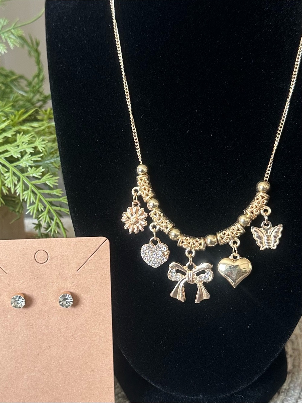 Mint NWT Gold Charm Necklace with Heart, Bow & Butterfly & Stud Earrings Set